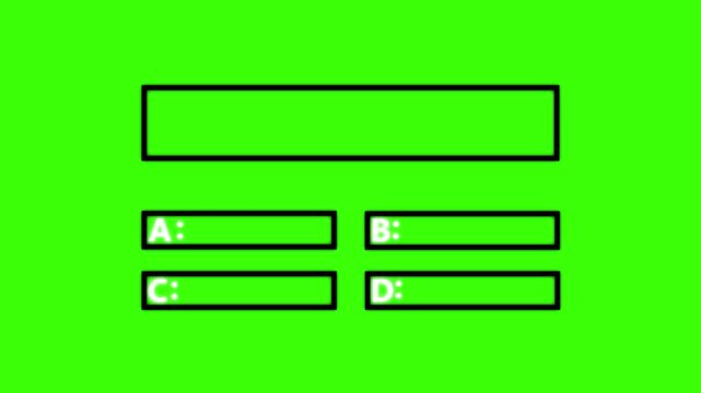 glowing Quiz question Animation with option selection on green background, black quiz template with four answer choices and bar appears on white for tests surveys 4k video.