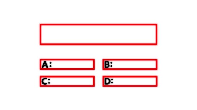 glowing Quiz question Animation with option selection on white background, red quiz template with four answer choices and bar appears on black for tests surveys 4k video.