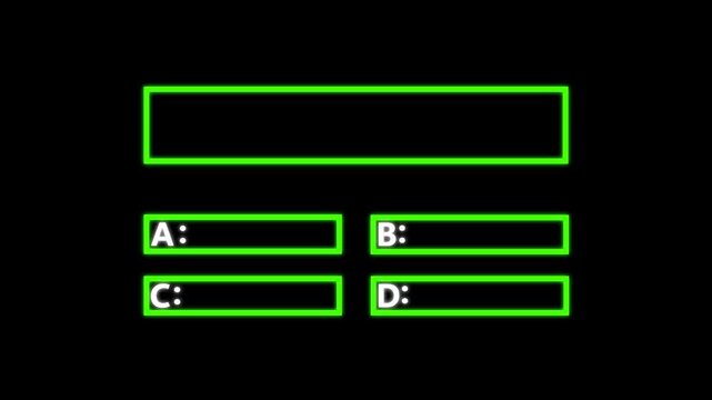 glowing Quiz question Animation with option selection on black background, green quiz template with four answer choices and bar appears on white for tests surveys 4k video.