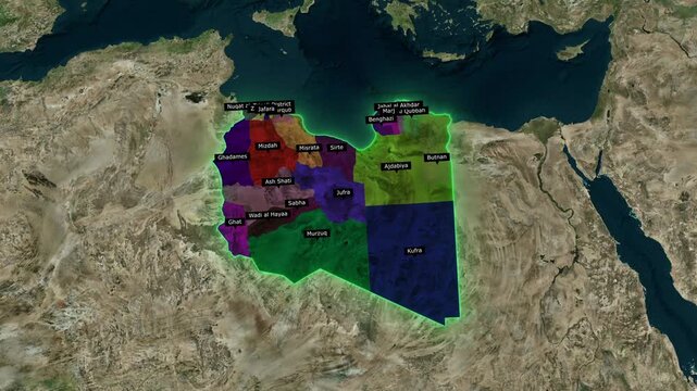 3D Animated Map of Libya Highlighting Districts, Flag Overlay, and North Africa Borders
