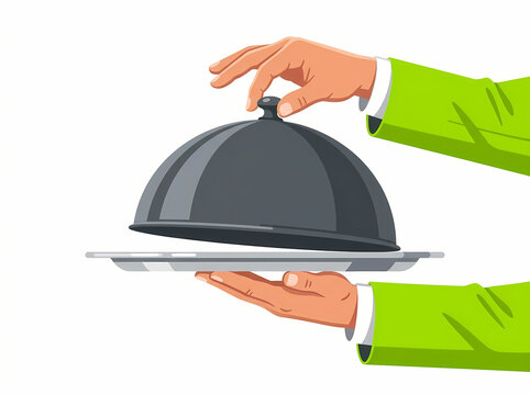 Waiter holding a silver serving tray with a cloche lid illustration.