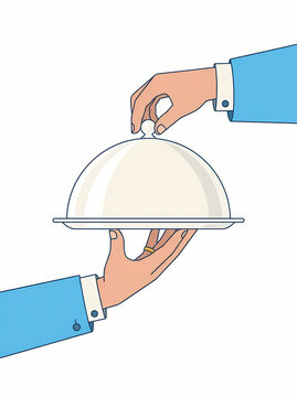 A waiter serving a meal with a silver cloche platter cover.