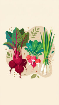 A flat vector illustration of fresh garden vegetables including beets radishes and green onions.