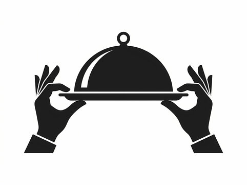 Black silhouette of hands holding a food serving tray with a dome cover.