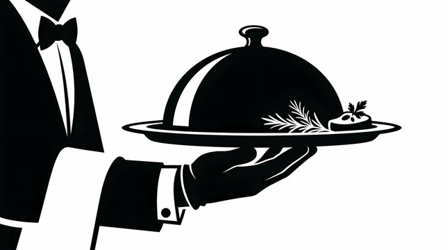 A professional waiter in a tuxedo serving a gourmet meal on a silver platter.