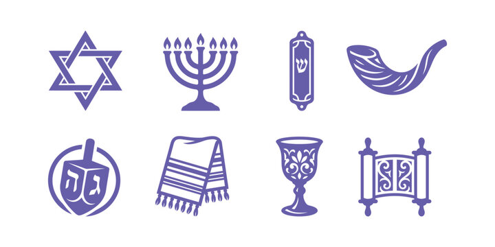 Purple Jewish religious symbols arranged for graphic design and cultural representation.