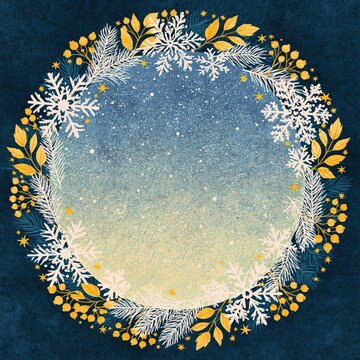Round winter holiday frame illustration with hand drawn snowflakes and golden leaves on blue