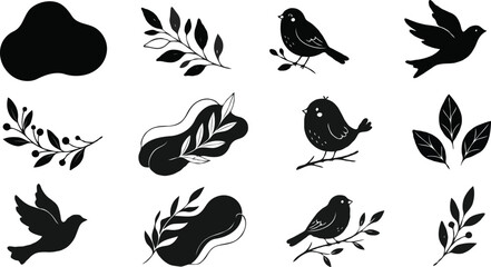 Obraz premium Minimalist black silhouettes of birds and leaves arranged in a balanced composition for editorial and branding use