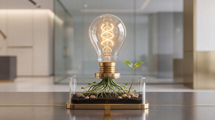 Fototapeta premium Conceptual glowing light bulb with green roots growing into soil in a glass terrarium, representing eco-friendly innovation, sustainable energy solutions, and creative environmental growth.