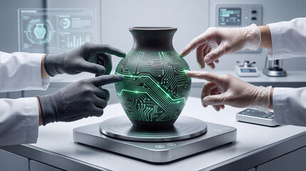 Fototapeta premium Futuristic Archaeology Concept with Scientists Examining an Ancient Ceramic Vase Integrated with Glowing Digital Circuitry in a High-Tech Laboratory Research Facility