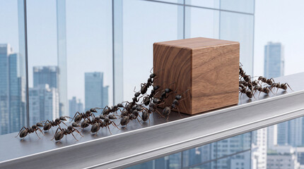 Fototapeta premium Teamwork and Collective Effort Concept Featuring a Group of Ants Collaborating to Move a Heavy Wooden Cube on a Metal Rail Against a Blurred Modern Cityscape Background Symbolizing Strength