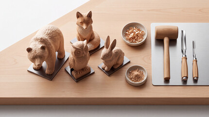 Fototapeta premium Set of Handcrafted Wooden Animal Sculptures Including Bear Fox Owl and Rabbit on a Workbench with Traditional Woodworking Tools Chisels Mallet and Wood Shavings in an Artisan Workshop