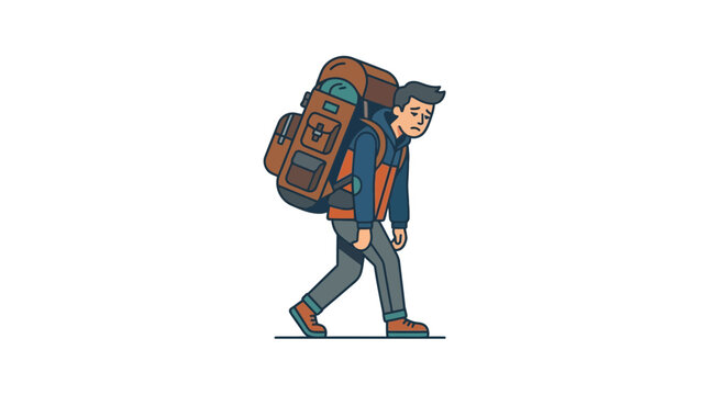 Tired male traveler carrying a massive heavy backpack