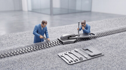 Fototapeta premium Miniature technicians in blue uniforms performing precision maintenance and repair on a large metal zipper, conceptual image of textile engineering, quality control, and technical problem solving.