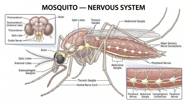 Mosquito nervous system diagram illustration showing brain optic lobes and ganglia