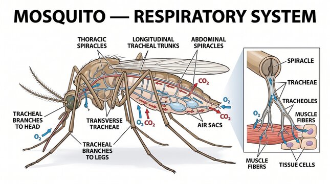 Mosquito respiratory system diagram illustration showing internal anatomy, spiracles, and airflow isolated on transparent background