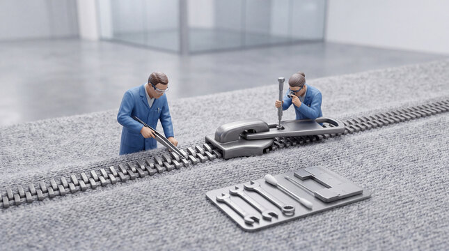 Miniature technicians in blue uniforms performing precision maintenance and repair on a large metal zipper, conceptual image of textile engineering, quality control, and technical problem solving.