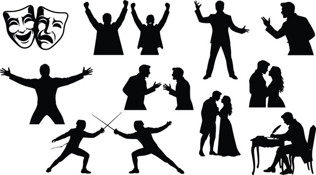 Theater acting performance stage drama masks fencing and actor characters silhouettes vector collection isolated on white background
