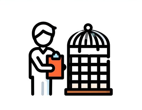 Line art of worker inspecting bird cage or enclosure.