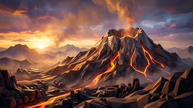 Erupting volcano with glowing lava flows in a low poly landscape at sunset, 3D geometric mountain illustration