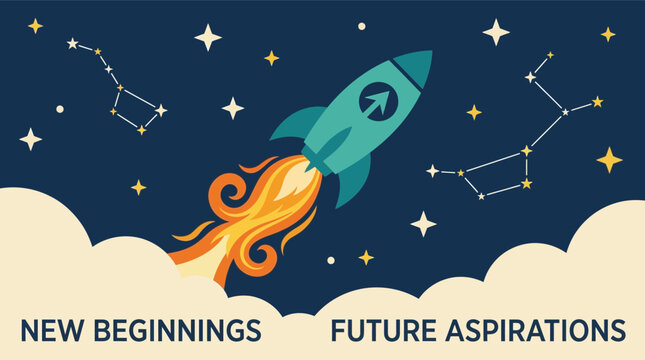 Retro rocket launch vector illustration, space startup concept with new beginnings text, future aspirations business growth background