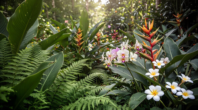 Tropical garden with orchids heliconia and fern foliage