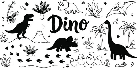 Charming black and white dinosaur pattern featuring lush tropical plants and delightful handwritten lettering perfect for nurseries and adorable children's room designs © RIPA