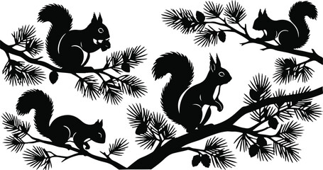 Obraz premium An old fashioned black and white engraving depicts four squirrels actively foraging for food within the lush green branches of pine trees