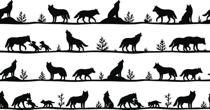 A repeating pattern showcases black wolf silhouettes in diverse positions set on a clean white backdrop perfect for naturalistic design projects and