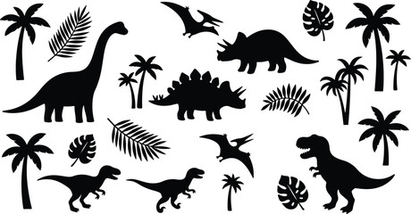 Dark black silhouettes depict a diverse collection of prehistoric dinosaurs alongside lush tropical palm leaves on a simple white backdrop © RIPA
