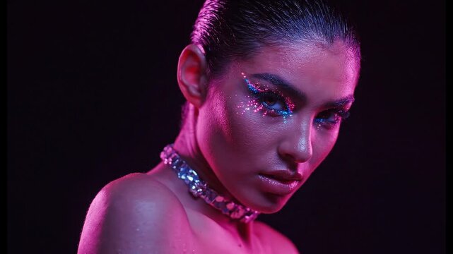 Futuristic woman with glittering makeup glitch effect and neon lighting in dark studio portrait sequence