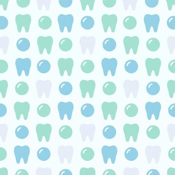 Seamless repeating pattern of teeth icons in blue, green and white, dental care themed background design.