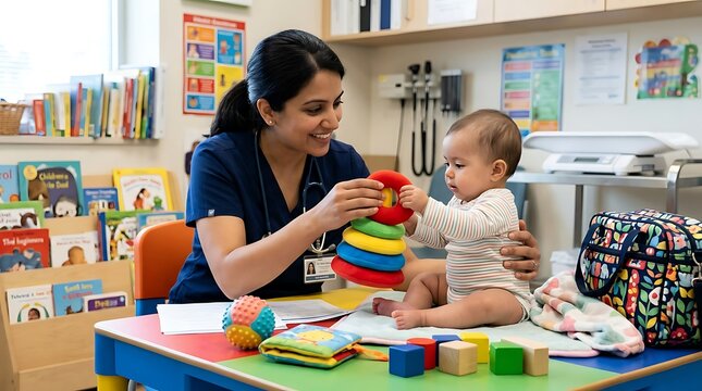 Female pediatrician playing with baby using colorful ring stacker toy