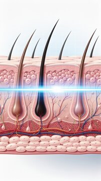 Cross-section illustration of human skin showing hair follicles, layers, and blood vessels with a light beam targeting the follicles.