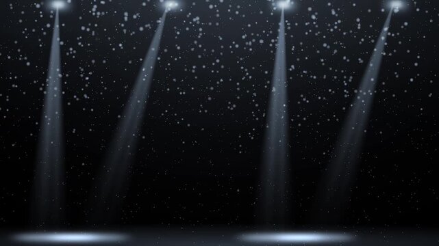 Spotlight stage with falling snow effect festive winter background with light beams for events presentations and celebrations.