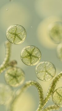 Microscopic view of green aquatic algae with round, intricate cell structures suspended in fluid.