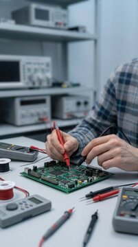 A person tests and repairs an electronic circuit board using probes and testing equipment in a lab environment.