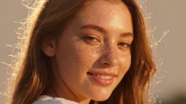 Young woman with freckles smiling under golden hour sunlight during a relaxing summer afternoon portrait session