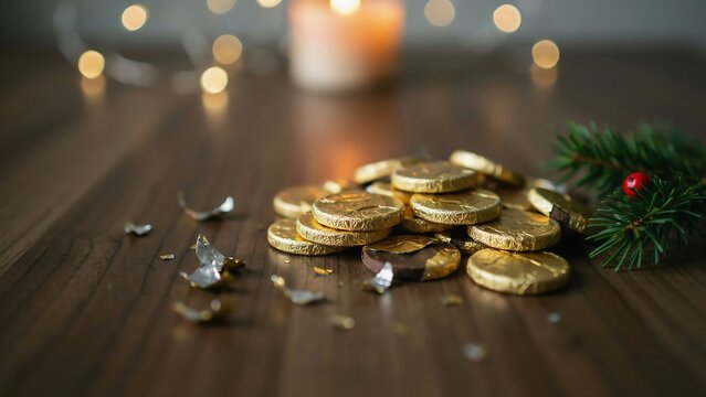 Pile of gold foil wrapped chocolate coins on wooden table with holiday candy