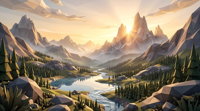 Low poly mountain landscape with a winding river at sunset