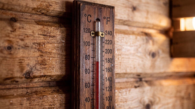 Wooden sauna thermometer hanging on a rustic log wall with steam drops