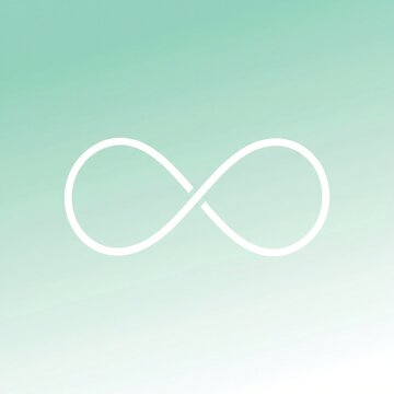 Simple white infinity symbol line icon on soft teal gradient background, minimal concept for eternity and continuity.