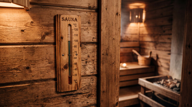 Wooden thermometer mounted on cedar wall inside traditional heat room