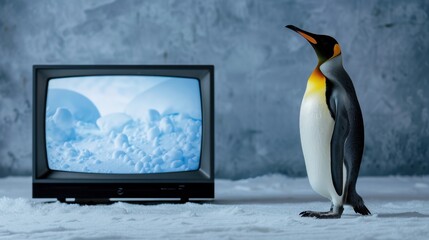 Fototapeta premium Penguin Standing Beside Vintage Television Displaying Arctic Landscape in Minimalistic Setting