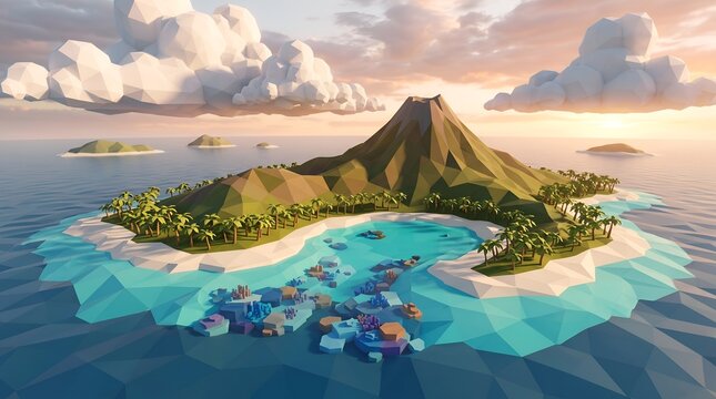 Low poly tropical volcanic island with palm trees and coral reef in the ocean at sunset, 3D render illustration