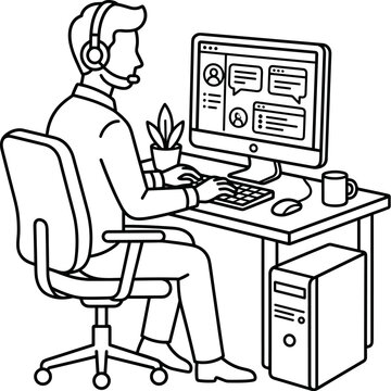 Customer service operator working on computer with headset isolated on transparent background
