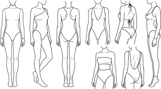 Women swimwear and bodysuit fashion technical sketch collection isolated on white background for apparel design and clothing template graphics