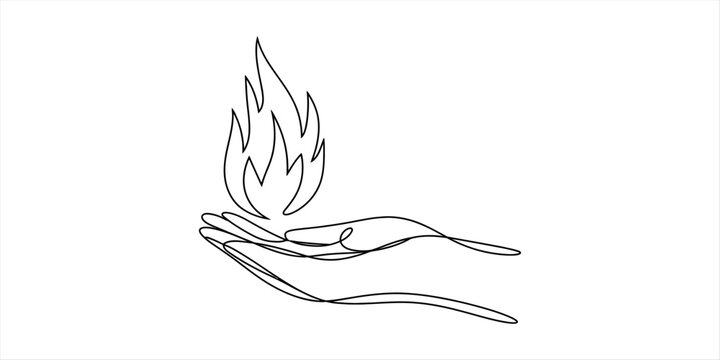 Continuous single line drawing of a human hand holding a burning fire flame