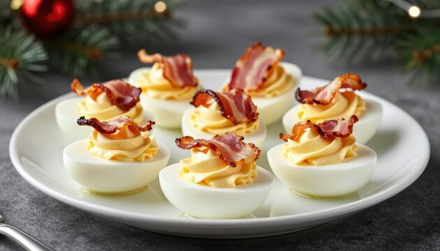 Delicious Deviled Eggs with Crispy Bacon Garnish for Holiday Party Appetizer