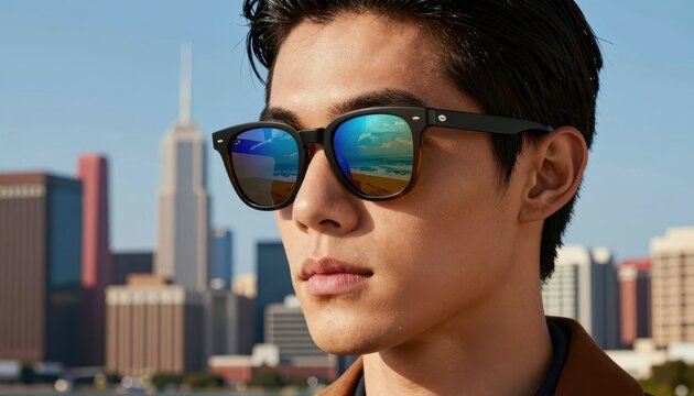 Fashionable Sunglasses with Beach and City Skyline Reflections